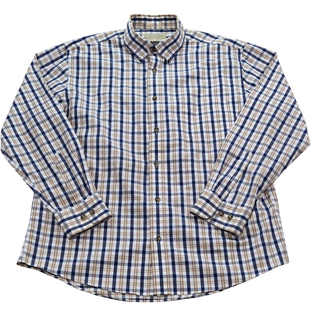 Cabela's Blue Tan Plaid Button Down Long Sleeve Shirt Cotton‎ Blend Mens Large